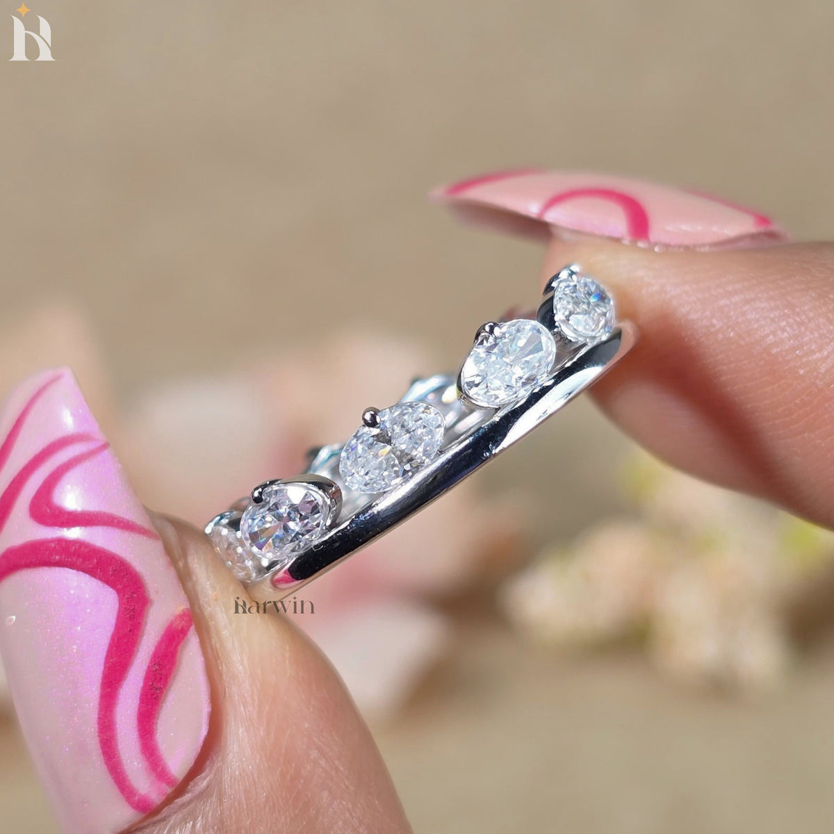 Oval Cut Moissanite Band Ring, Sterling Silver Eternity Wedding Ring, Anniversary Gift for Women