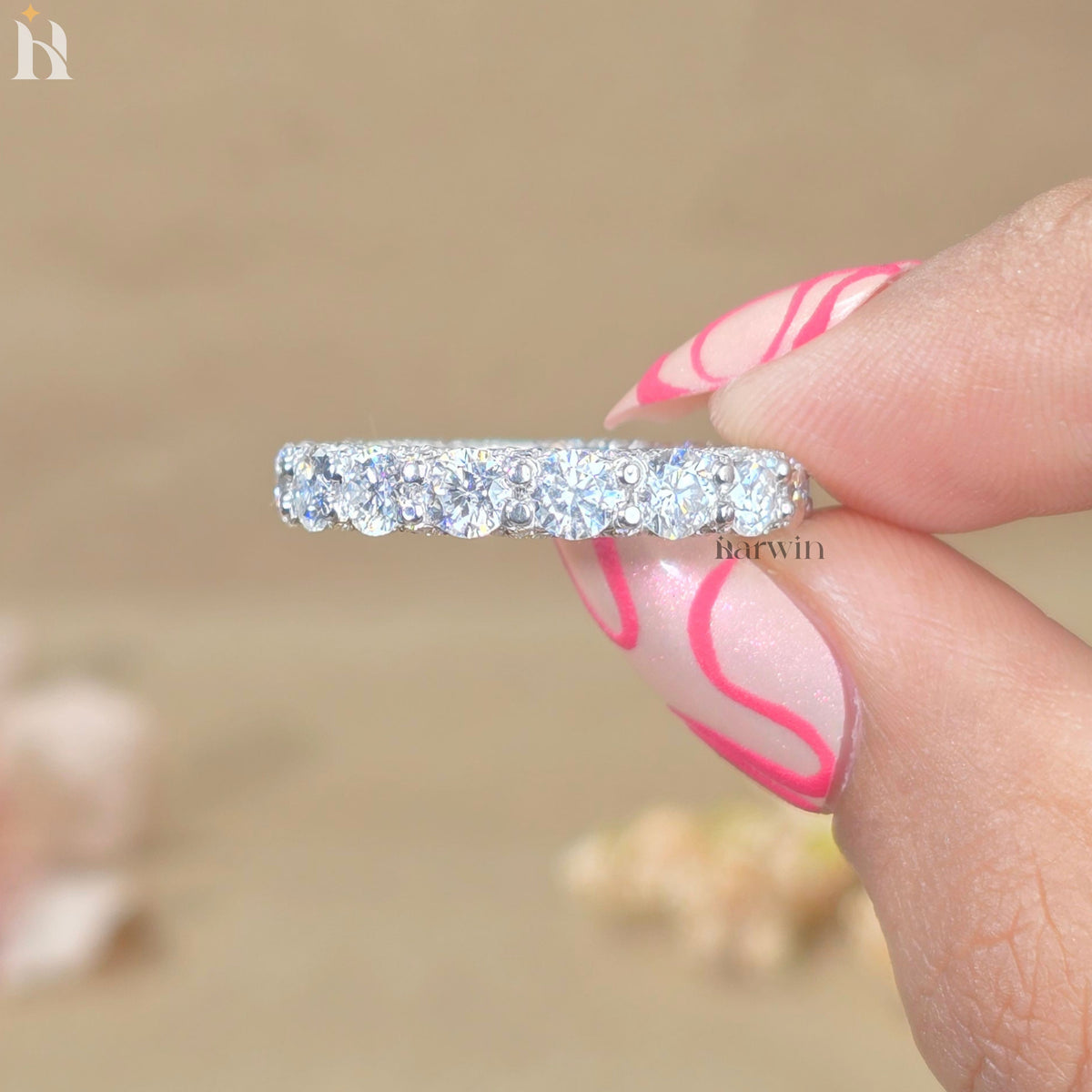 14k White Gold Moissanite Eternity Band | 4 mm Wide Wedding Ring