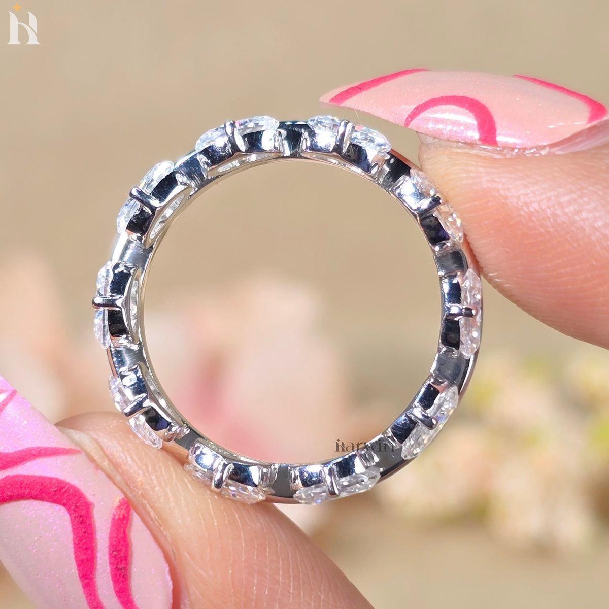 Oval Cut Moissanite Band Ring, Sterling Silver Eternity Wedding Ring, Anniversary Gift for Women