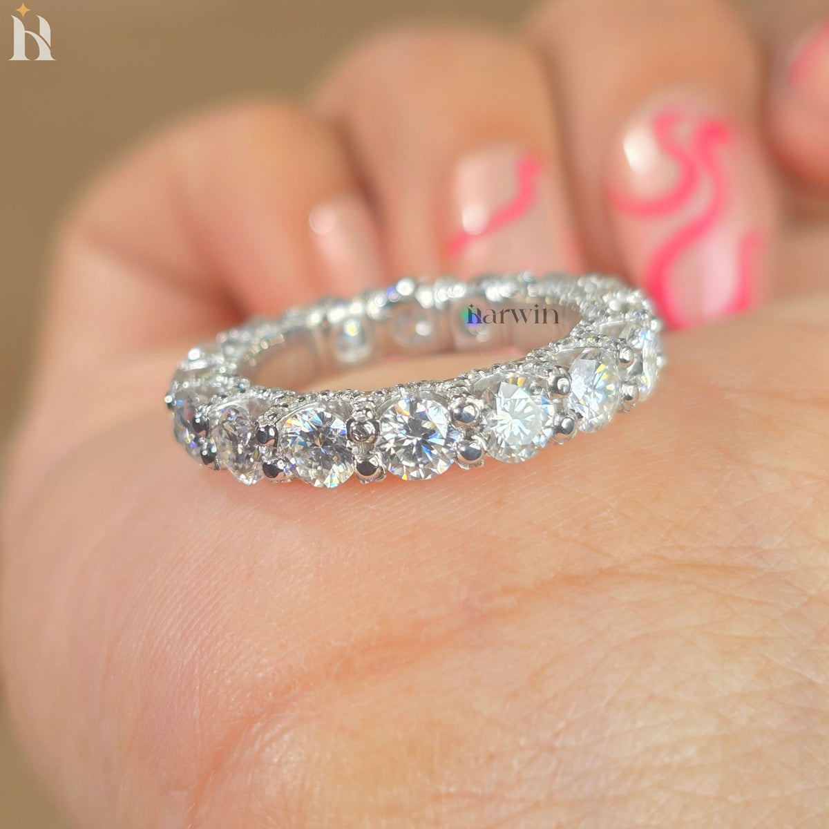 14k White Gold Moissanite Eternity Band | 4 mm Wide Wedding Ring