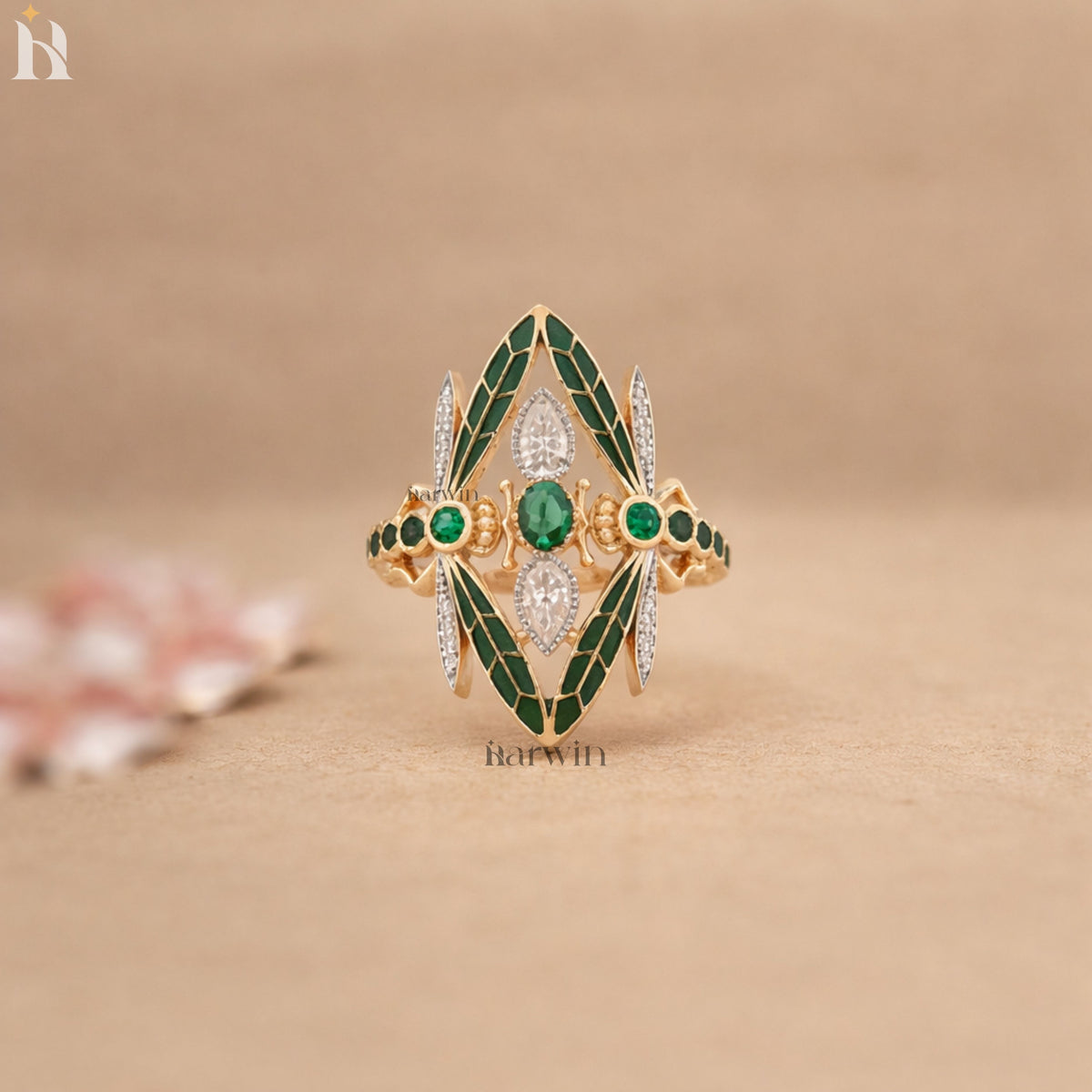 Antique Art Nouveau Dragonfly Ring, Vintage Style CZ Green Emerald Solid Gold Cocktail Engagement ring