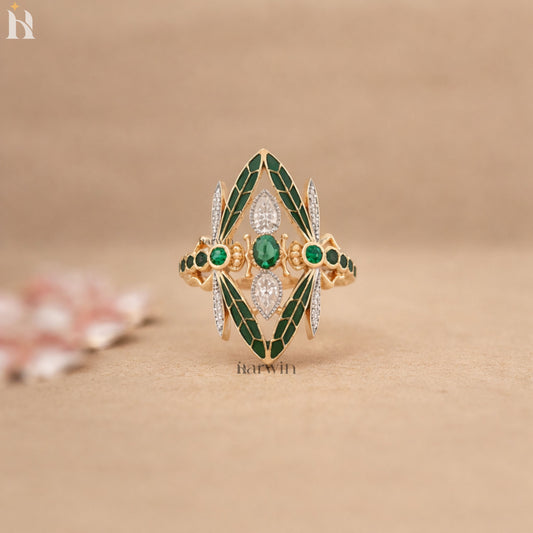Antique Art Nouveau Dragonfly Ring, Vintage Style CZ Green Emerald Solid Gold Cocktail Engagement ring