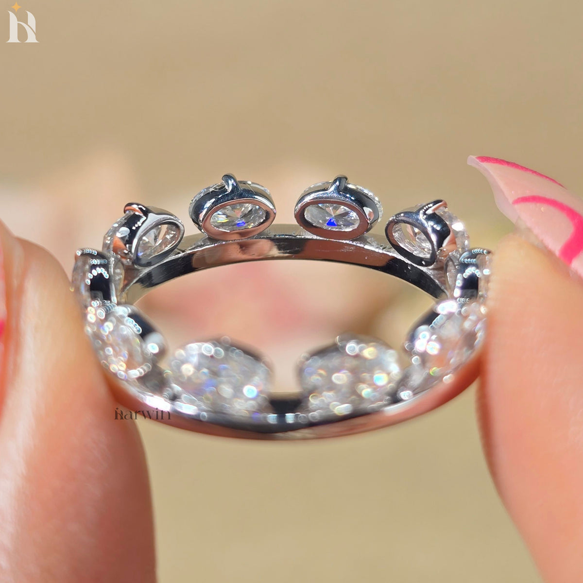 Oval Cut Moissanite Band Ring, Sterling Silver Eternity Wedding Ring, Anniversary Gift for Women