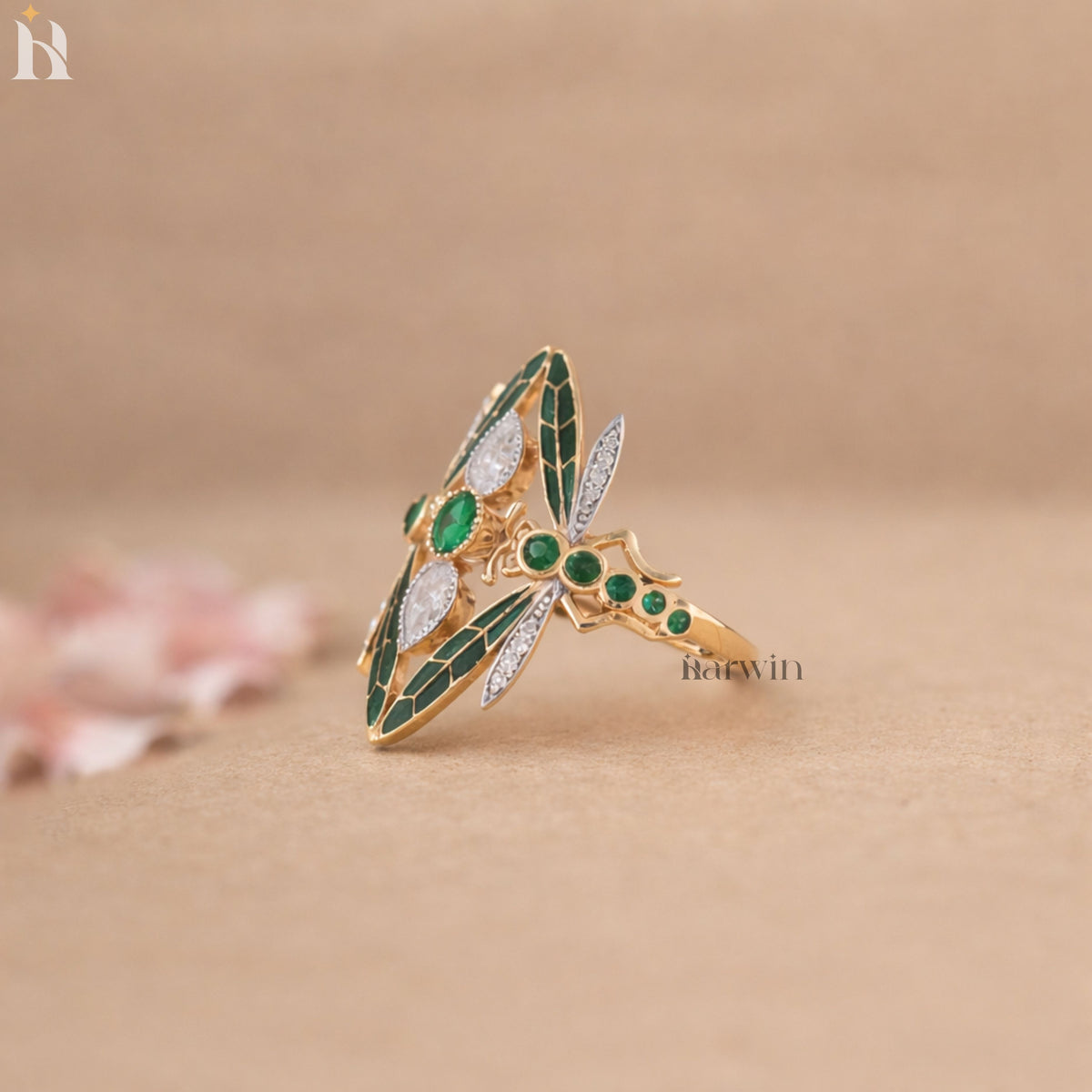 Antique Art Nouveau Dragonfly Ring, Vintage Style CZ Green Emerald Solid Gold Cocktail Engagement ring