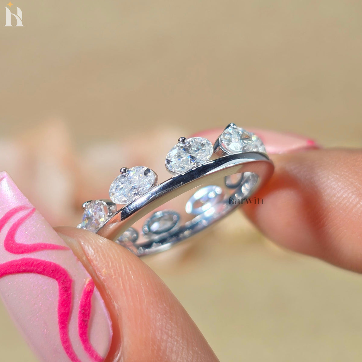 Oval Cut Moissanite Band Ring, Sterling Silver Eternity Wedding Ring, Anniversary Gift for Women