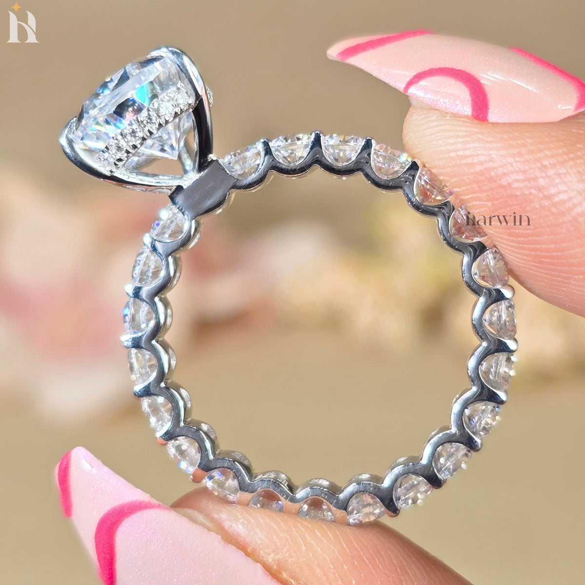 3.5 CT Pear Cut Moissanite Hidden Halo Ring and Round Cut Pave Set Band