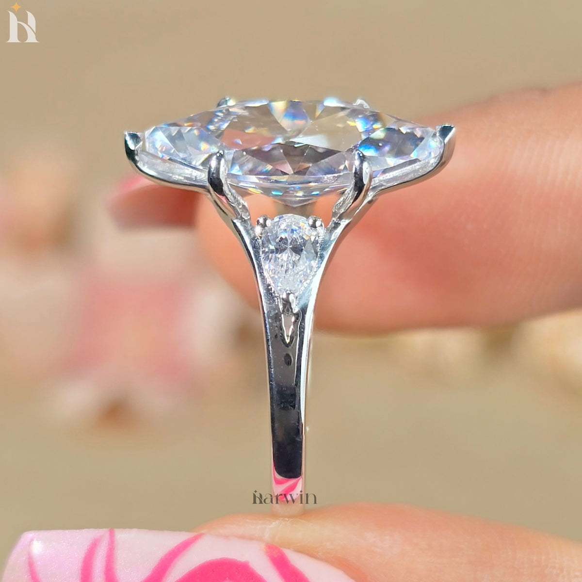 4 CT Marquise Moissanite Diamond Ring Three Stone Antique Style Pear Side Stones Ring