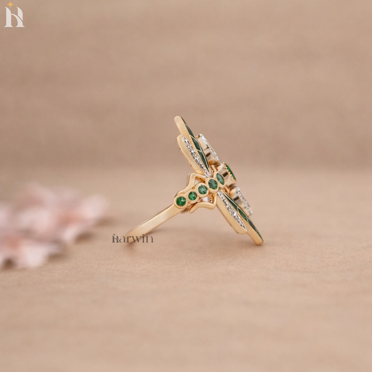 Antique Art Nouveau Dragonfly Ring, Vintage Style CZ Green Emerald Solid Gold Cocktail Engagement ring