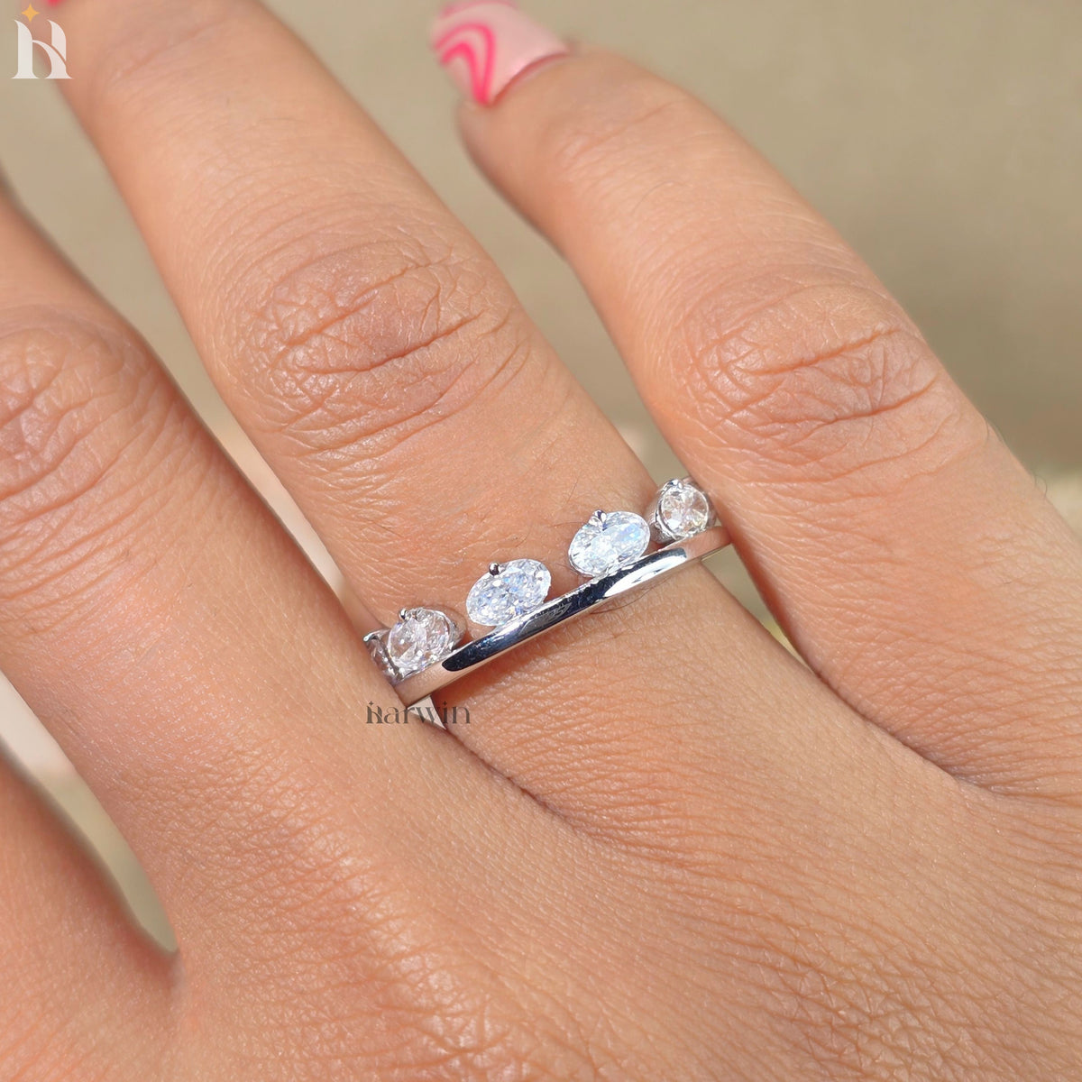 Oval Cut Moissanite Band Ring, Sterling Silver Eternity Wedding Ring, Anniversary Gift for Women