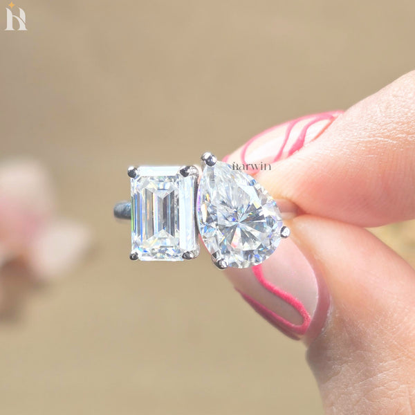 Emerald & Pear Cut Moissanite Two Stone Ring, Toi Et Moi Ring