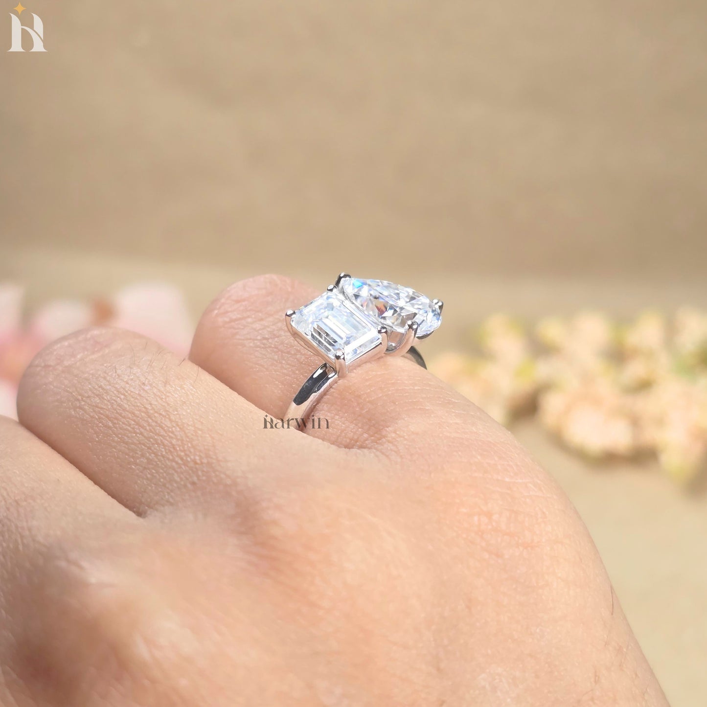 Emerald & Pear Cut Moissanite Two Stone Ring, Toi Et Moi Ring