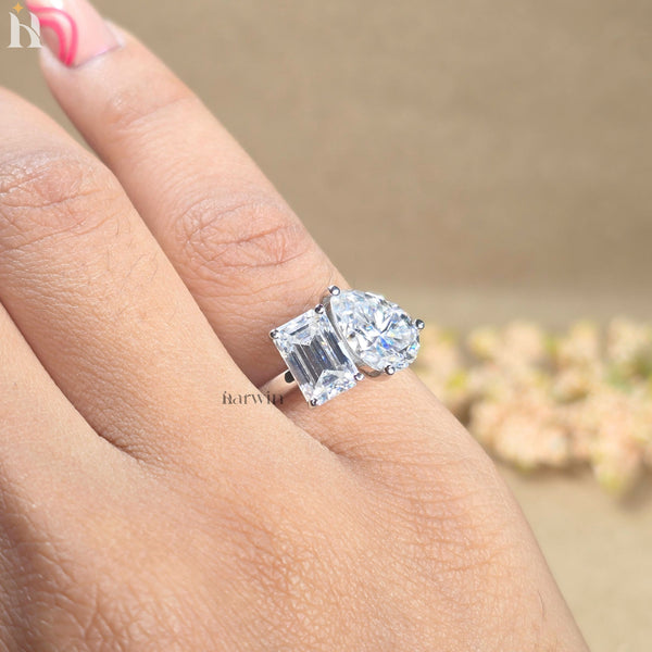 Emerald & Pear Cut Moissanite Two Stone Ring, Toi Et Moi Ring