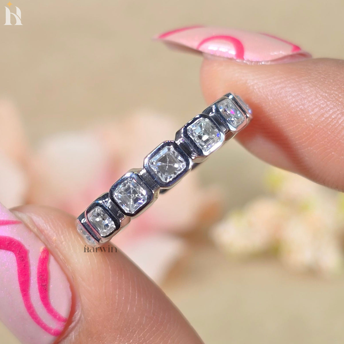Bezel Set Asscher Cut Moissanite Full Eternity Wedding Band