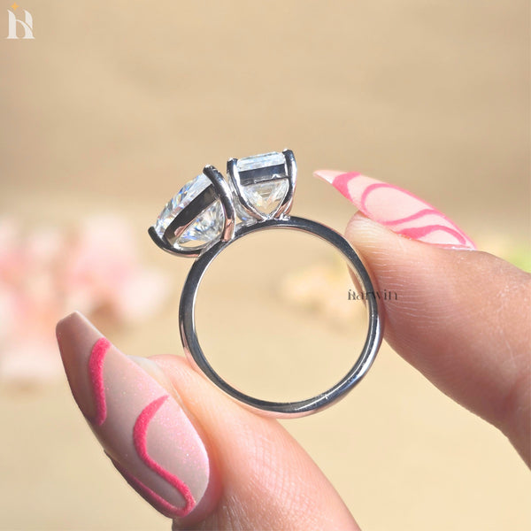Emerald & Pear Cut Moissanite Two Stone Ring, Toi Et Moi Ring