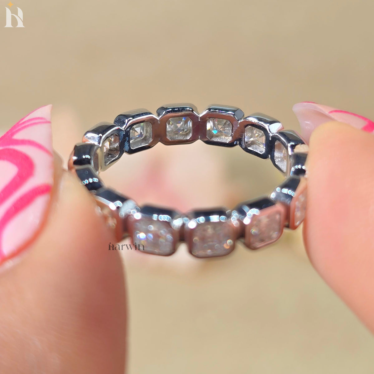 Bezel Set Asscher Cut Moissanite Full Eternity Wedding Band