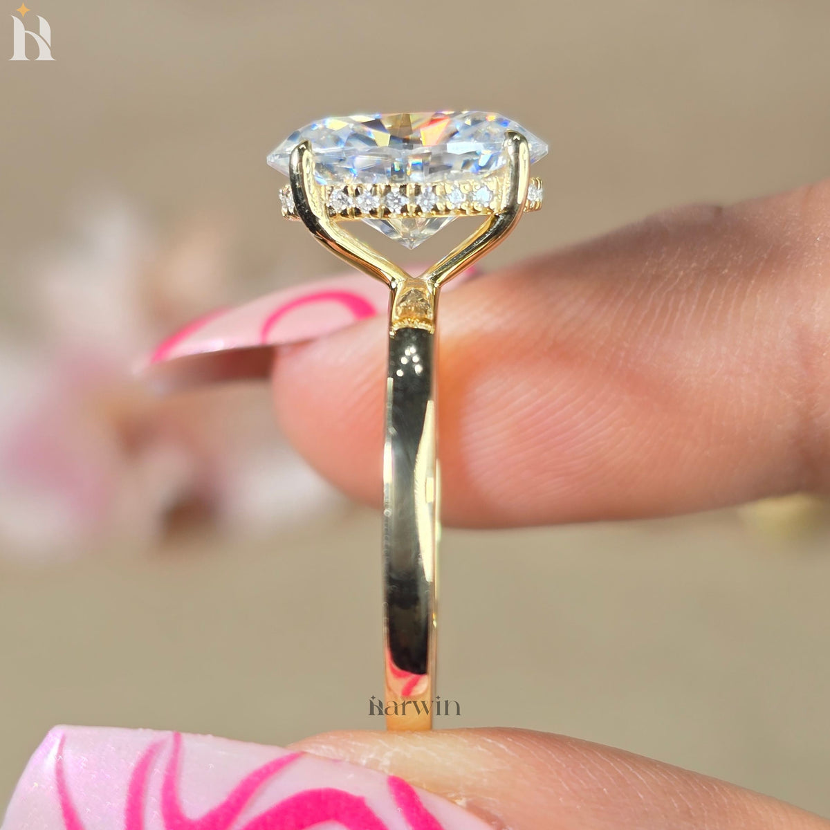 3.5CT Oval Diamond Engagement Ring, Hidden Halo Yellow Gold Ring
