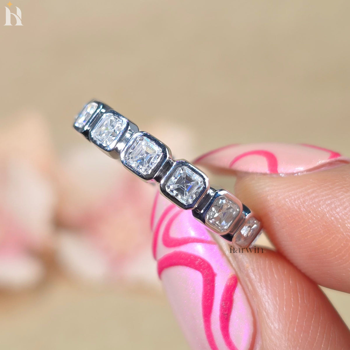 Bezel Set Asscher Cut Moissanite Full Eternity Wedding Band