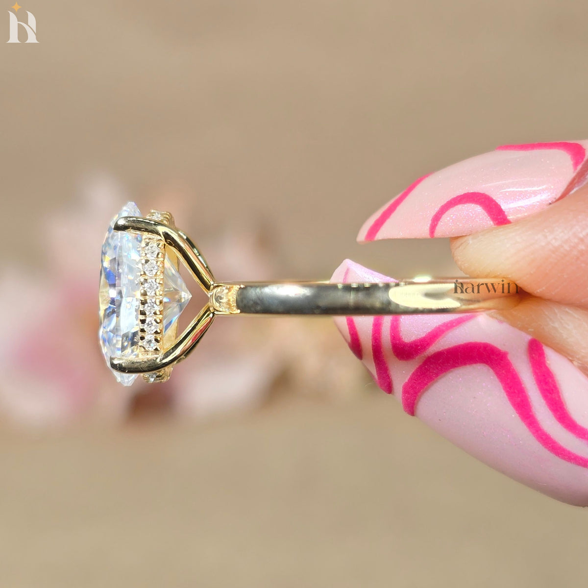 3.5CT Oval Diamond Engagement Ring, Hidden Halo Yellow Gold Ring