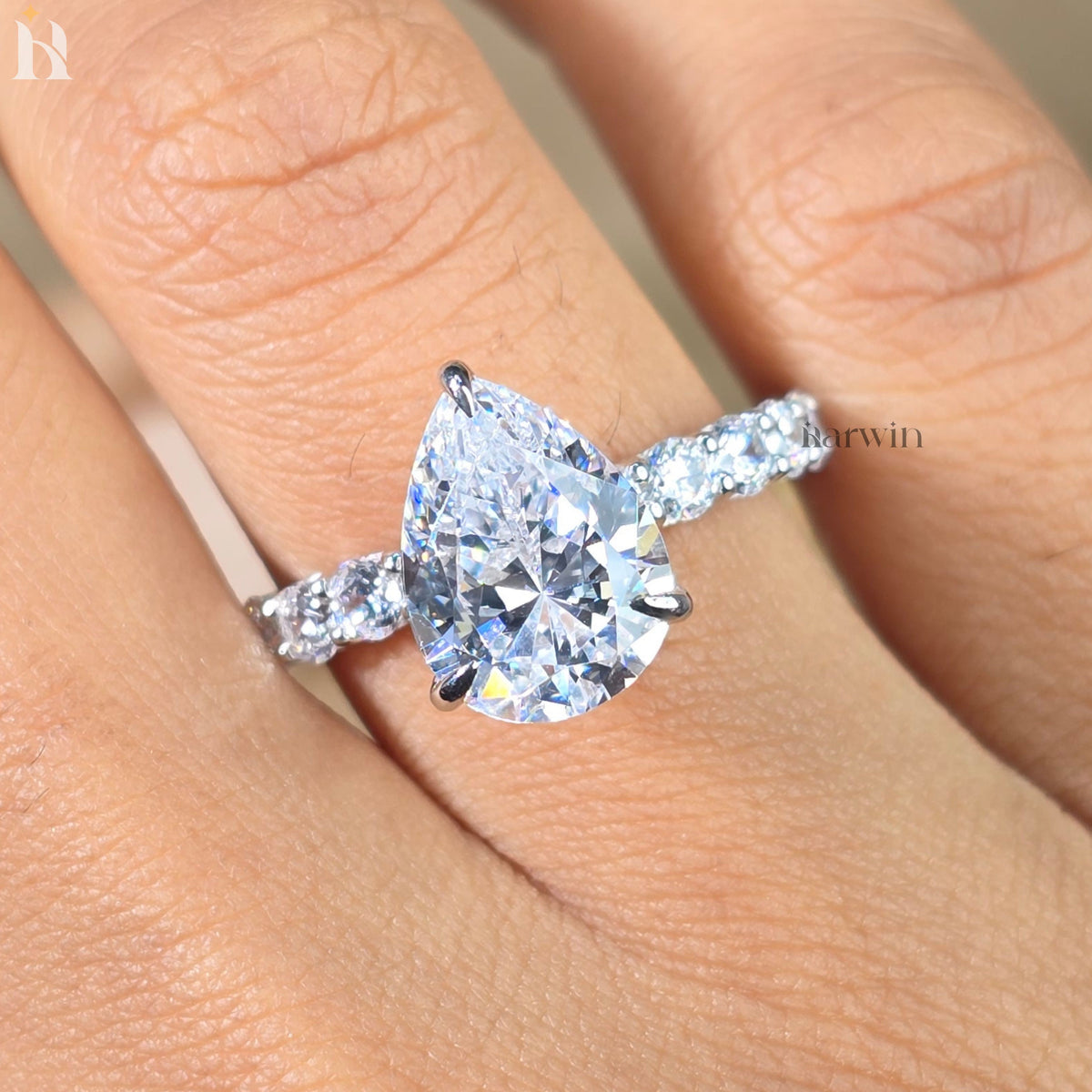 3.5 CT Pear Cut Moissanite Hidden Halo Ring and Round Cut Pave Set Band