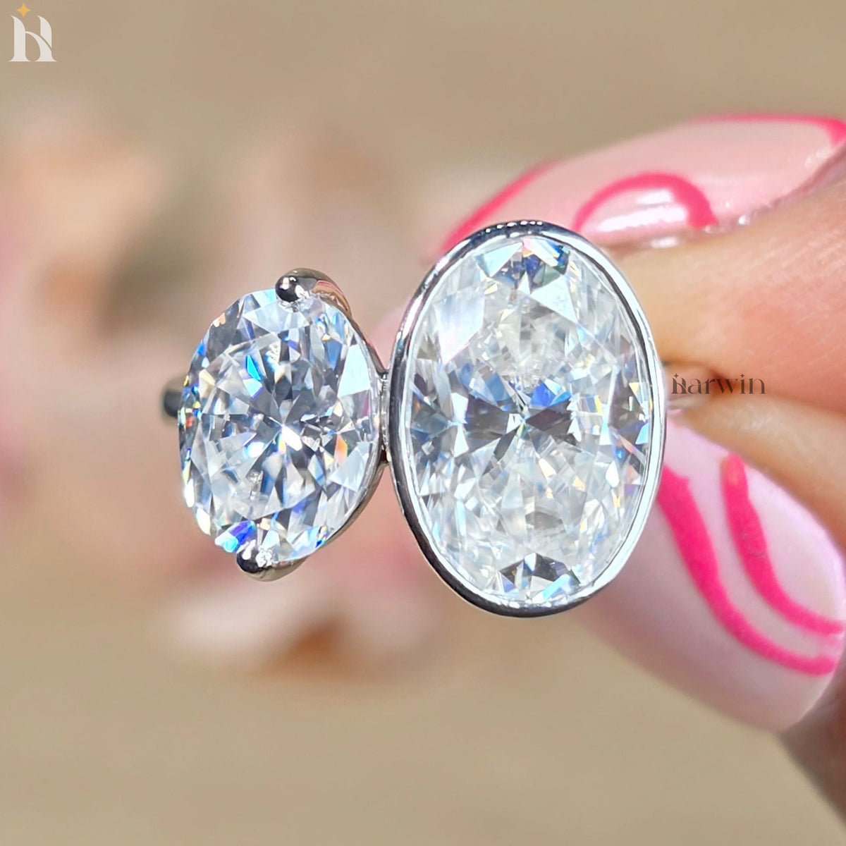Toi Moi Oval Moissanite Engagement Ring Two Stone Ring Unique Bridal Ring Double Oval Wedding Ring Solid Gold Promise Ring Gift for Her