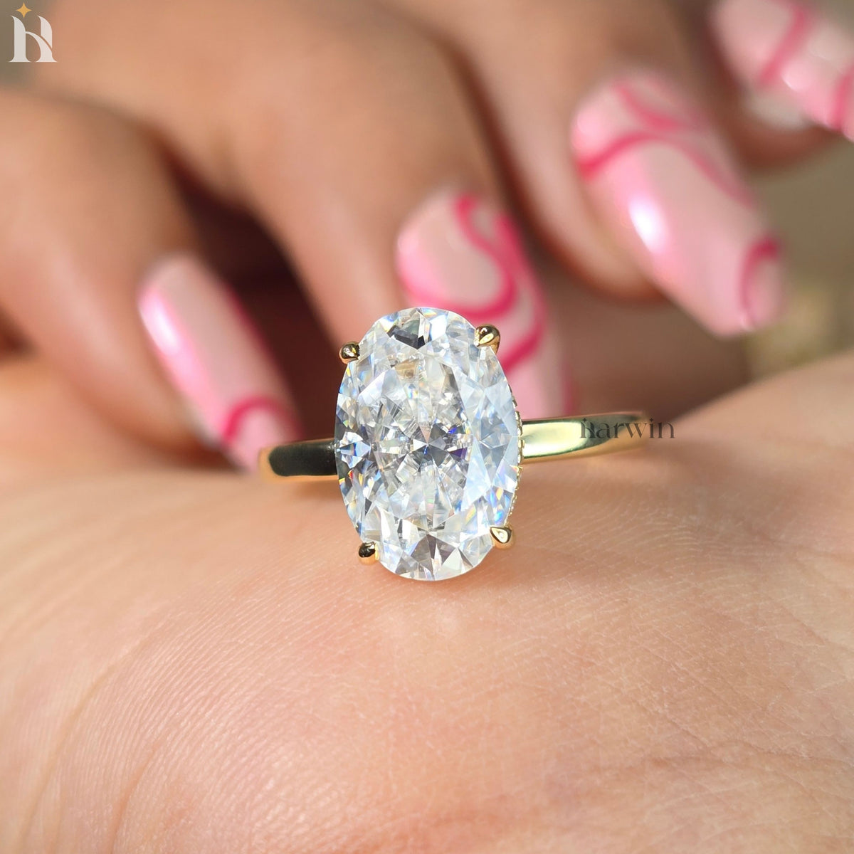 3.5CT Oval Diamond Engagement Ring, Hidden Halo Yellow Gold Ring