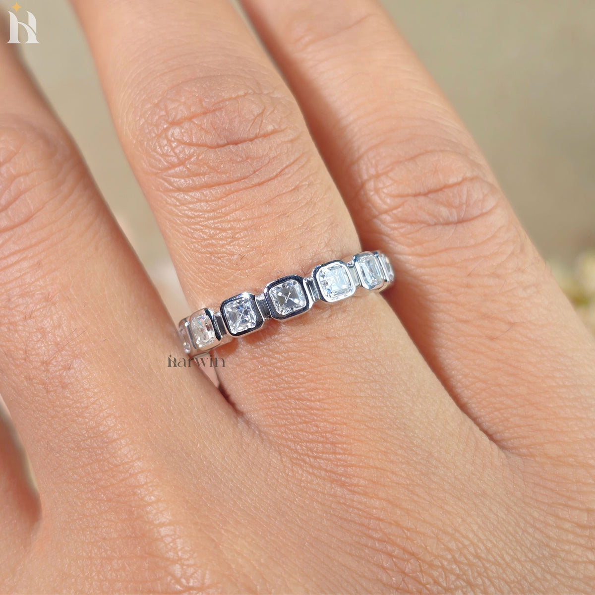 Bezel Set Asscher Cut Moissanite Full Eternity Wedding Band
