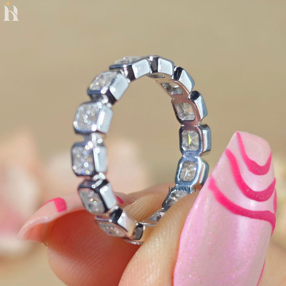 Bezel Set Asscher Cut Moissanite Full Eternity Wedding Band