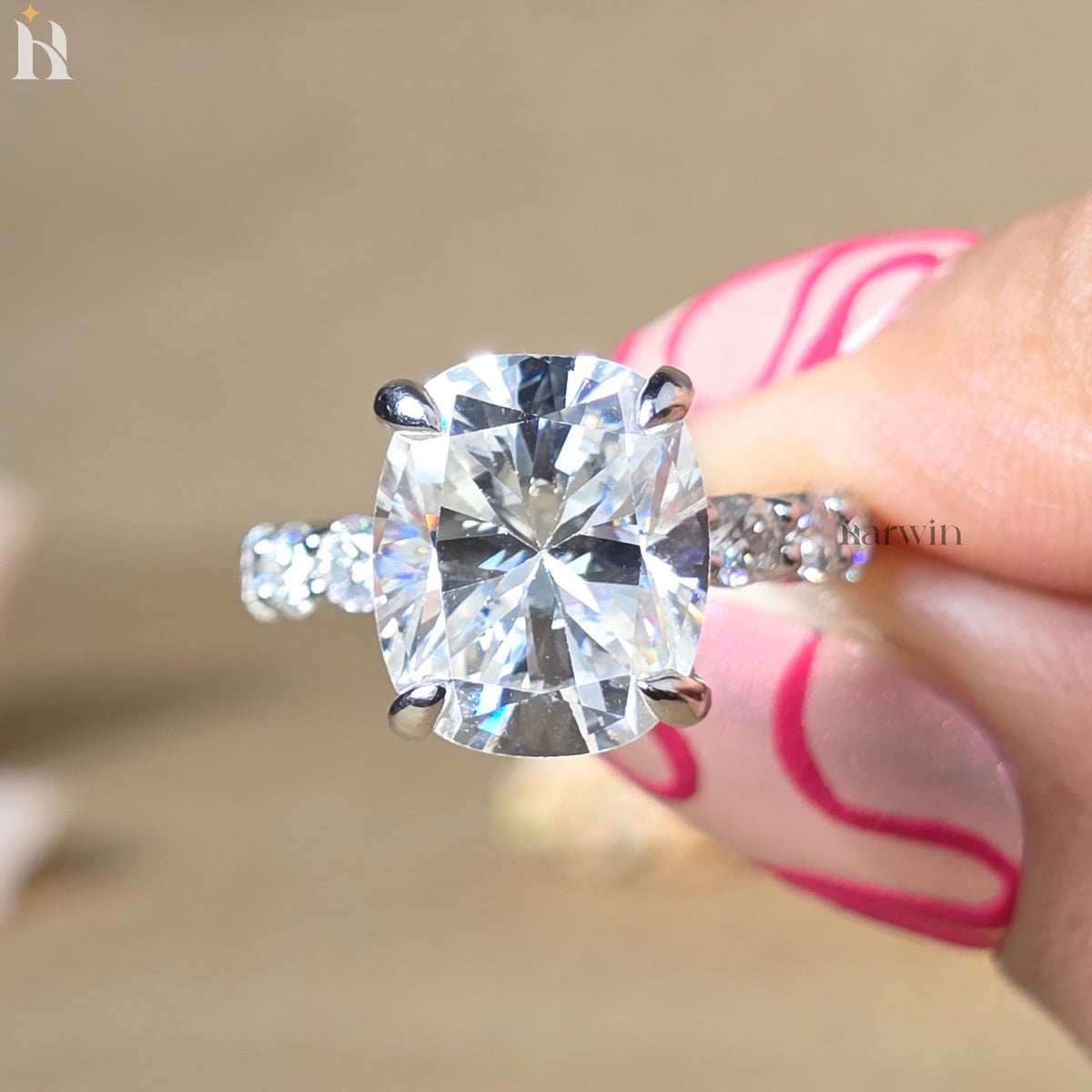 4CT Elongated Cushion Cut Moissanite Engagement Ring, Hidden Halo Bubble Band Ring