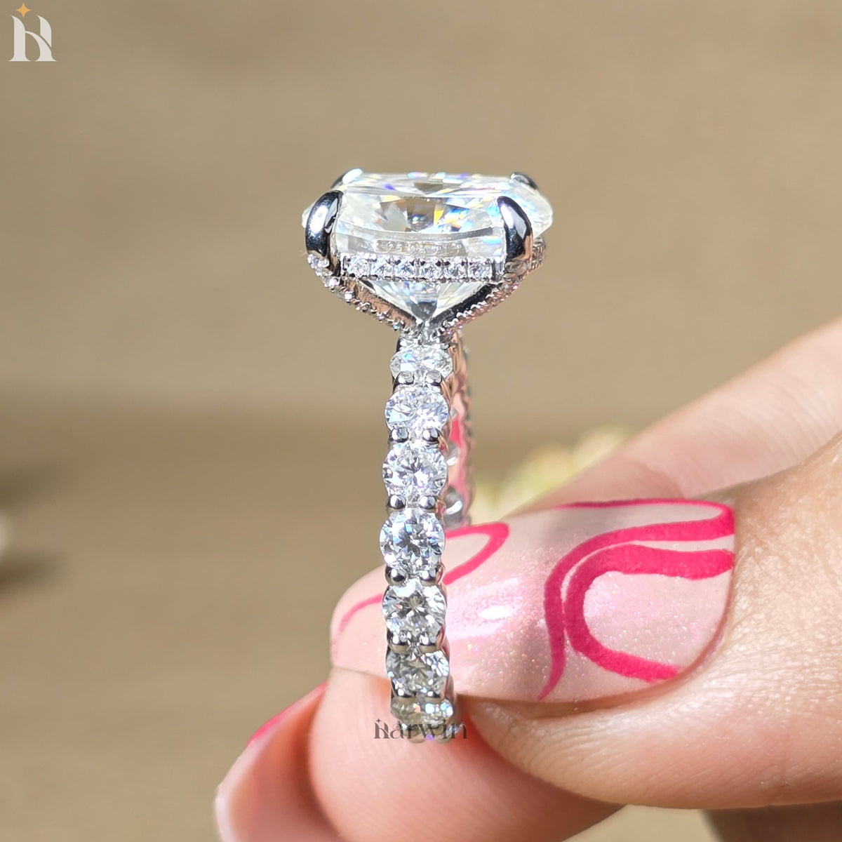 4CT Elongated Cushion Cut Moissanite Engagement Ring, Hidden Halo Bubble Band Ring