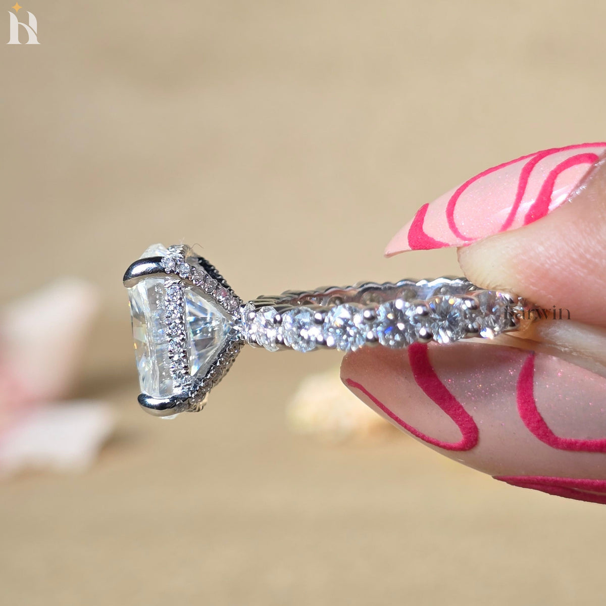 4CT Elongated Cushion Cut Moissanite Engagement Ring, Hidden Halo Bubble Band Ring