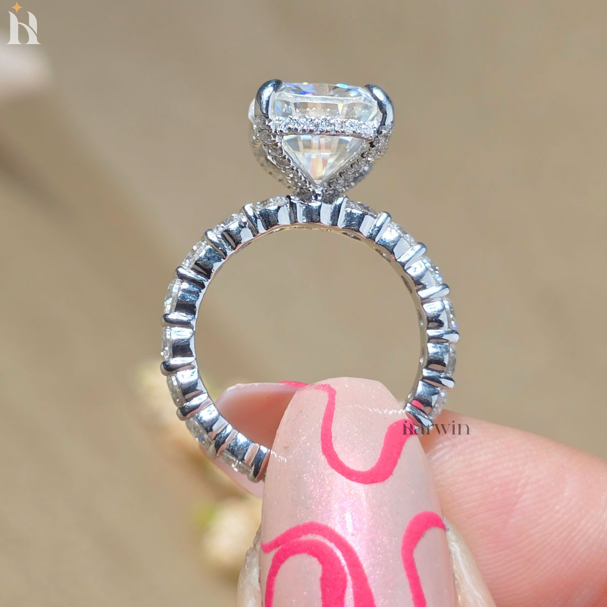 4CT Elongated Cushion Cut Moissanite Engagement Ring, Hidden Halo Bubble Band Ring
