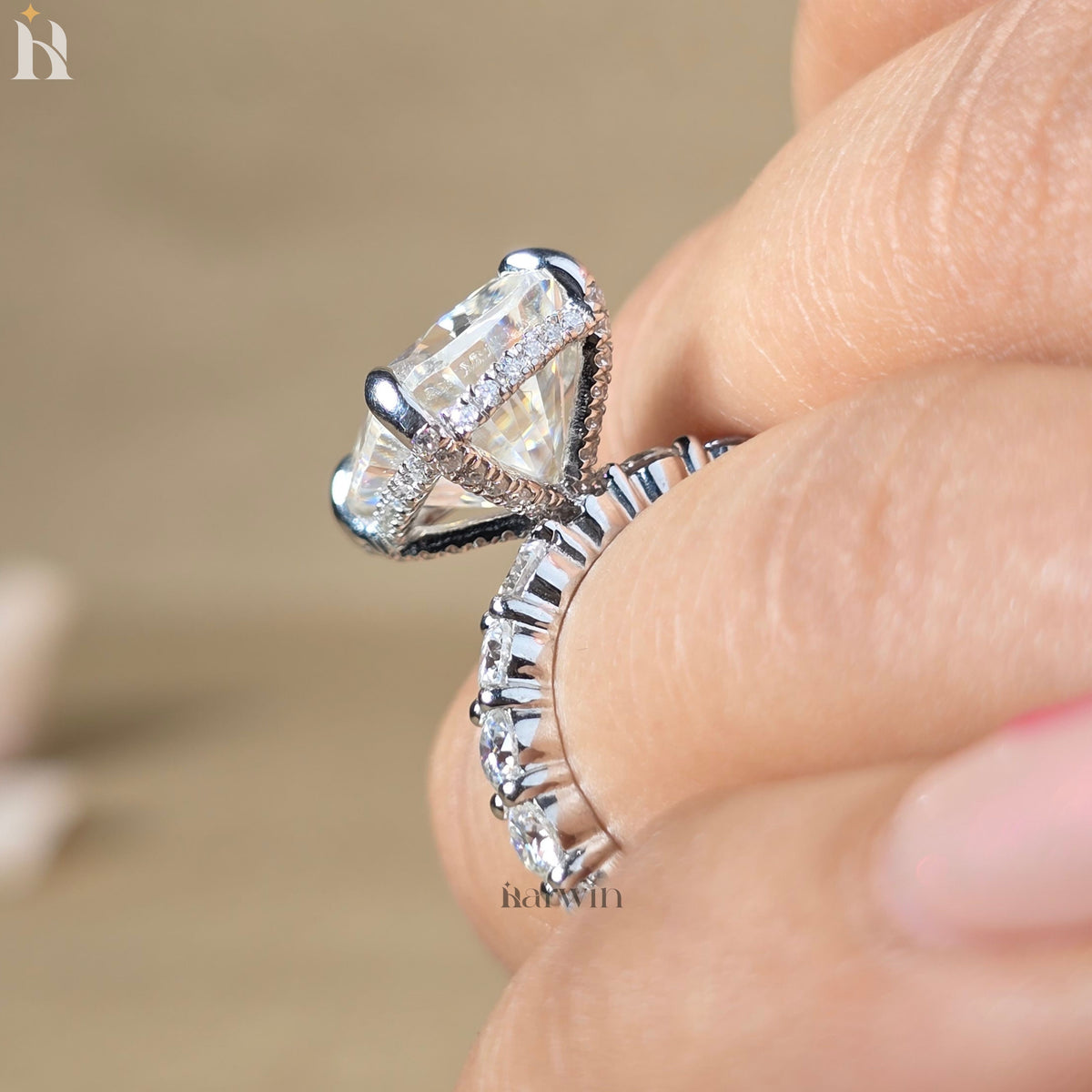 4CT Elongated Cushion Cut Moissanite Engagement Ring, Hidden Halo Bubble Band Ring