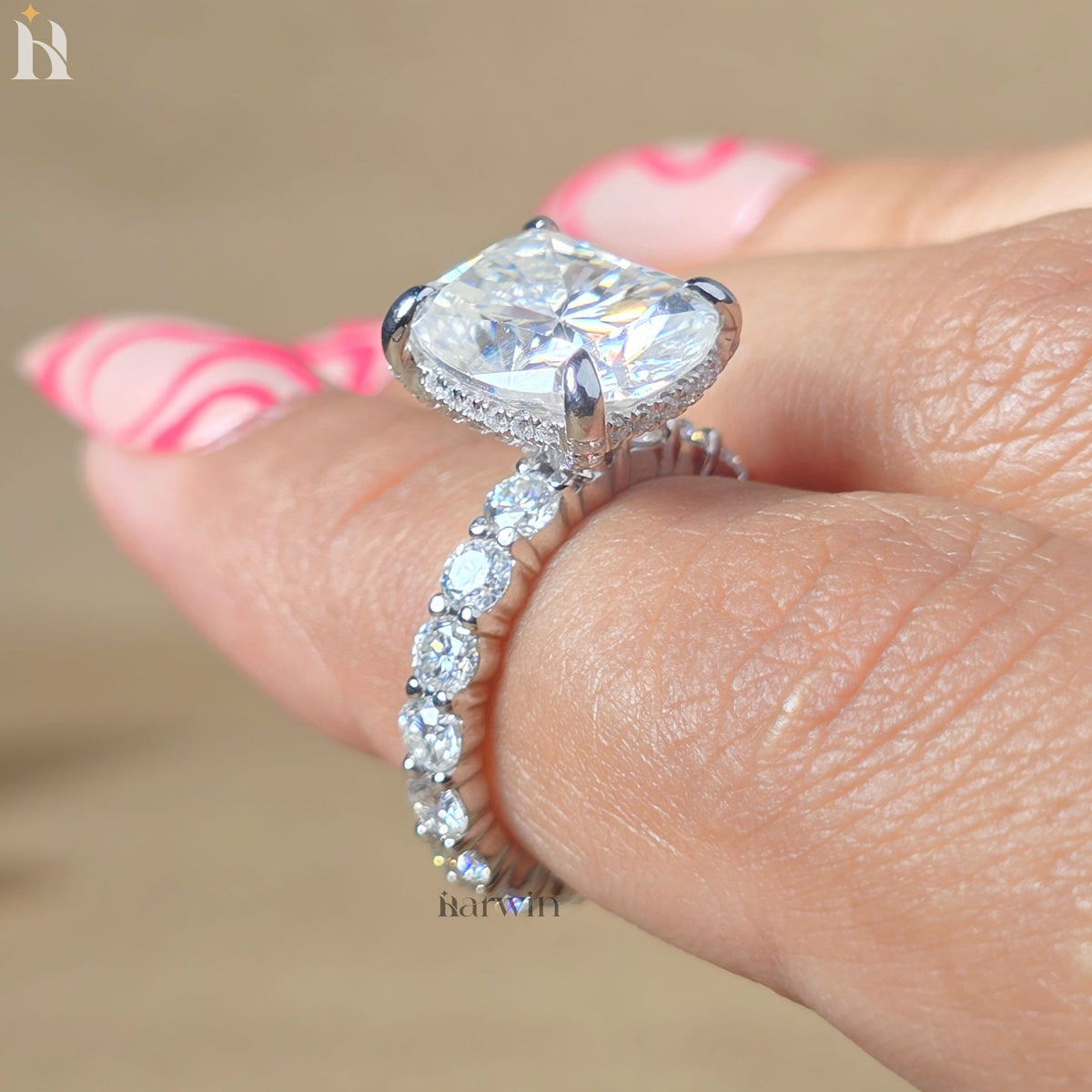 4CT Elongated Cushion Cut Moissanite Engagement Ring, Hidden Halo Bubble Band Ring