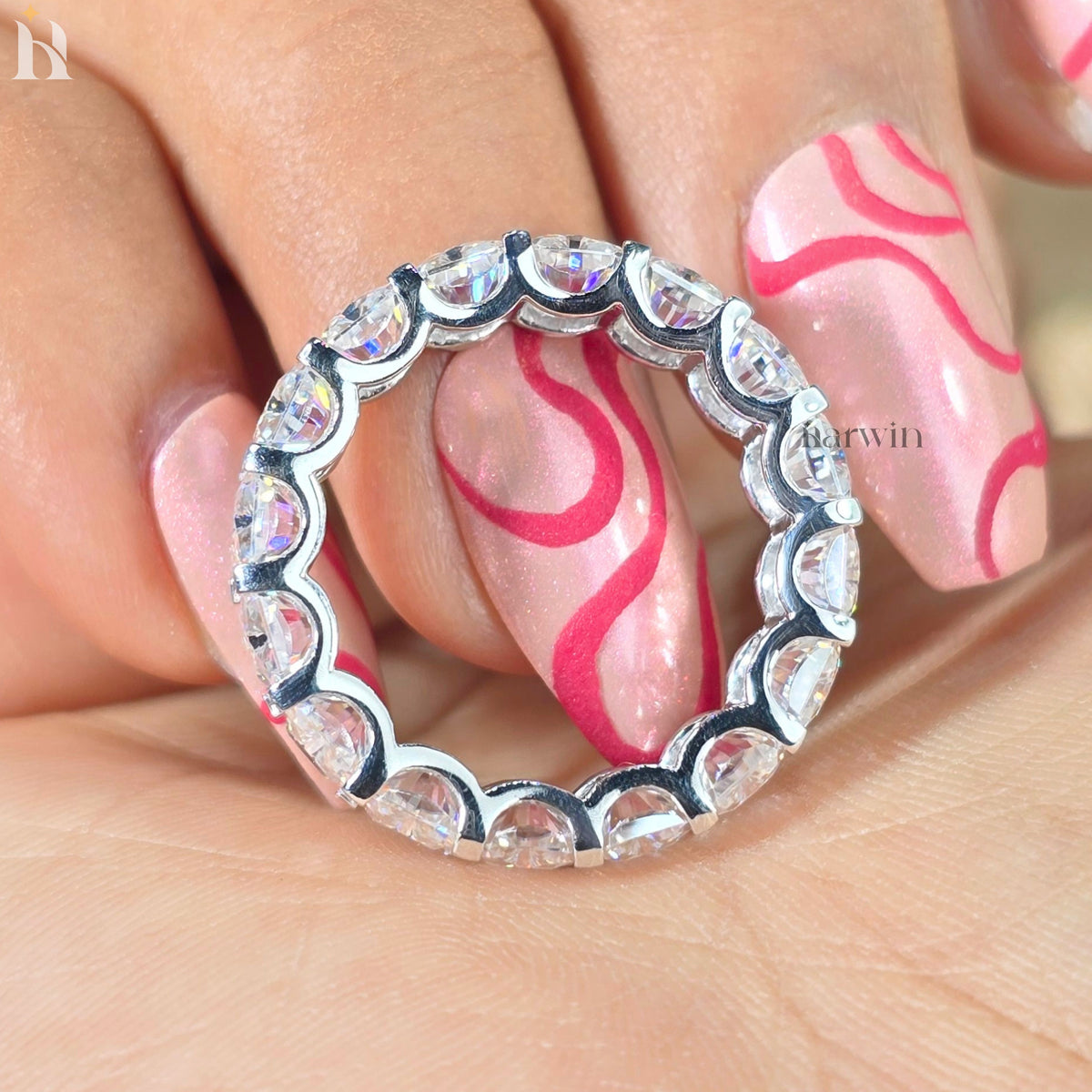 Radiant Cut Moissanite Full Eternity Wedding Band, Solid Silver Stackable Bridal Ring