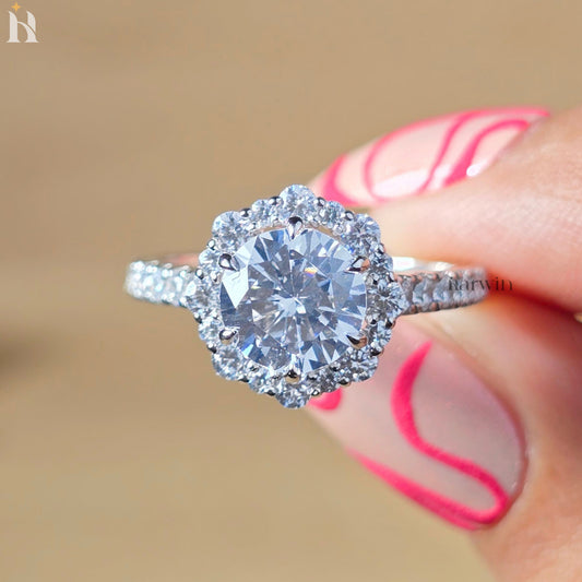 2CT Round Moissanite Engagement Ring, Halo And Pave Band, Flower Statement Ring