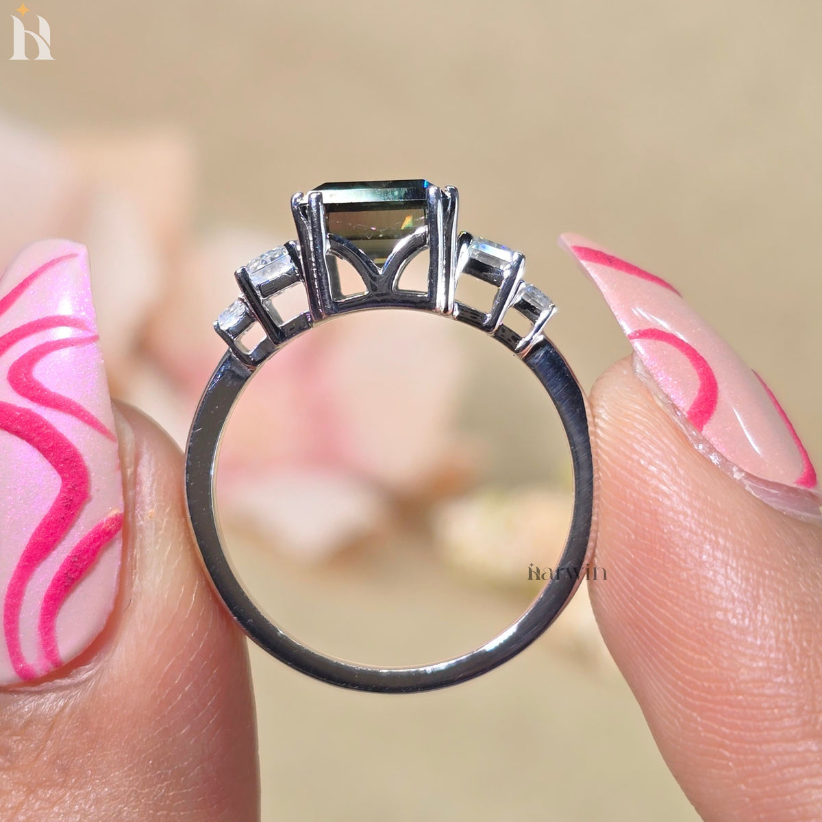 Tourmaline Engagement Ring, Solid Gold Diamond Ring, Art Deco Wedding Ring by Harwinjewels