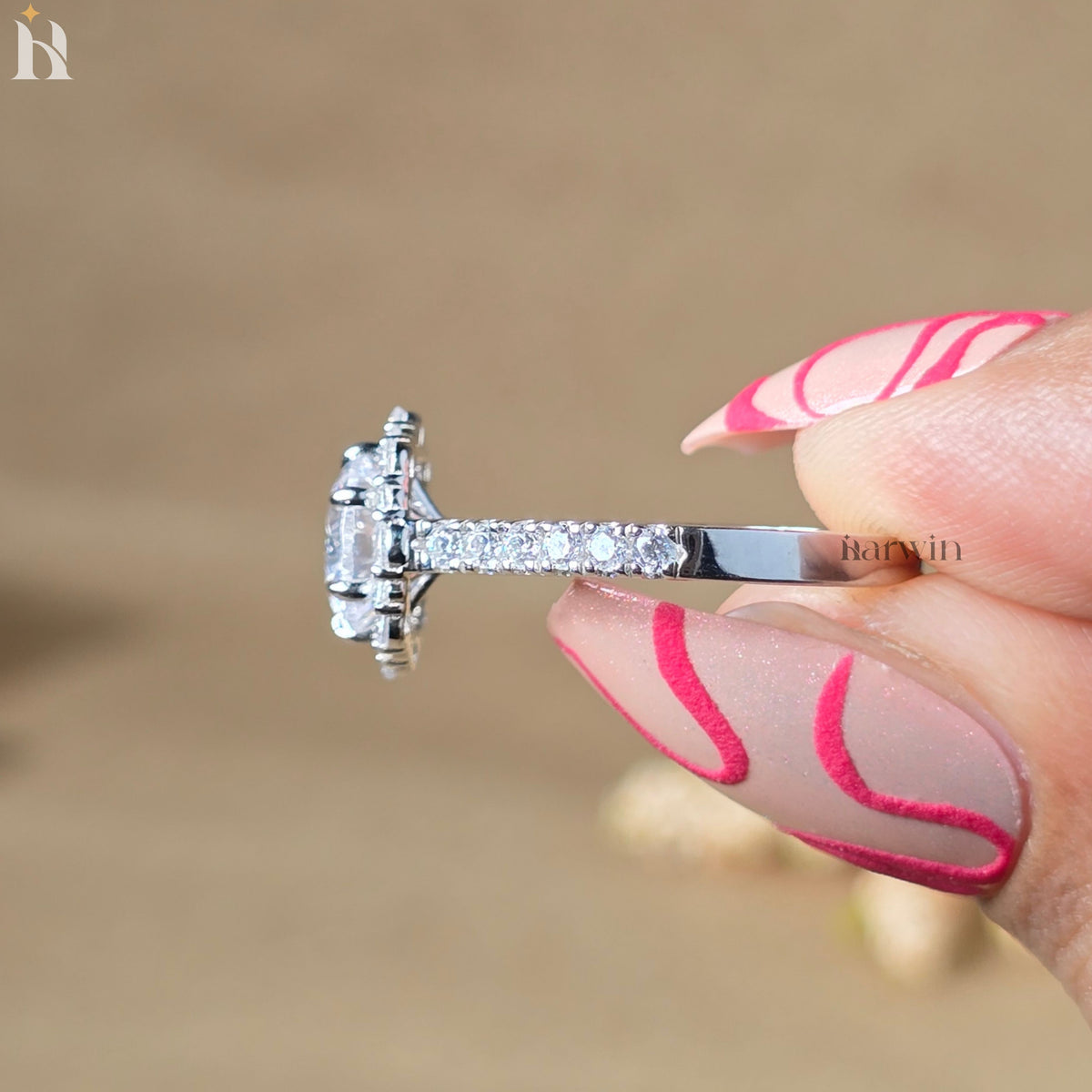 2CT Round Moissanite Engagement Ring, Halo And Pave Band, Flower Statement Ring