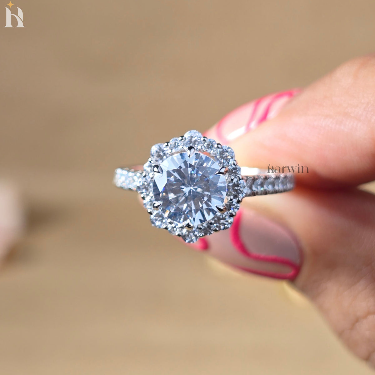 2CT Round Moissanite Engagement Ring, Halo And Pave Band, Flower Statement Ring