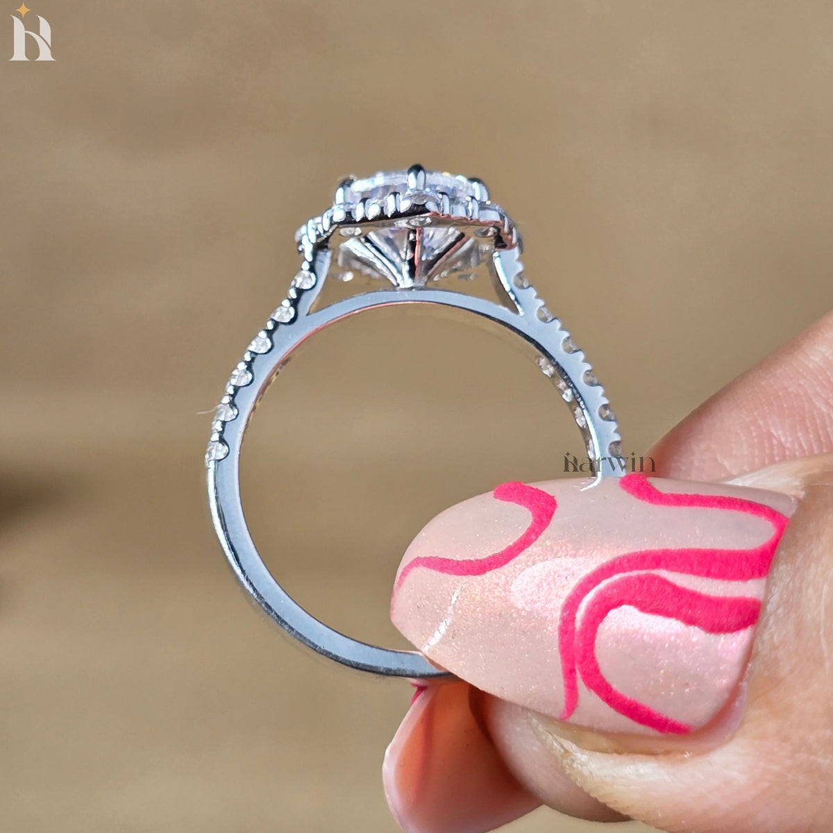 2CT Round Moissanite Engagement Ring, Halo And Pave Band, Flower Statement Ring