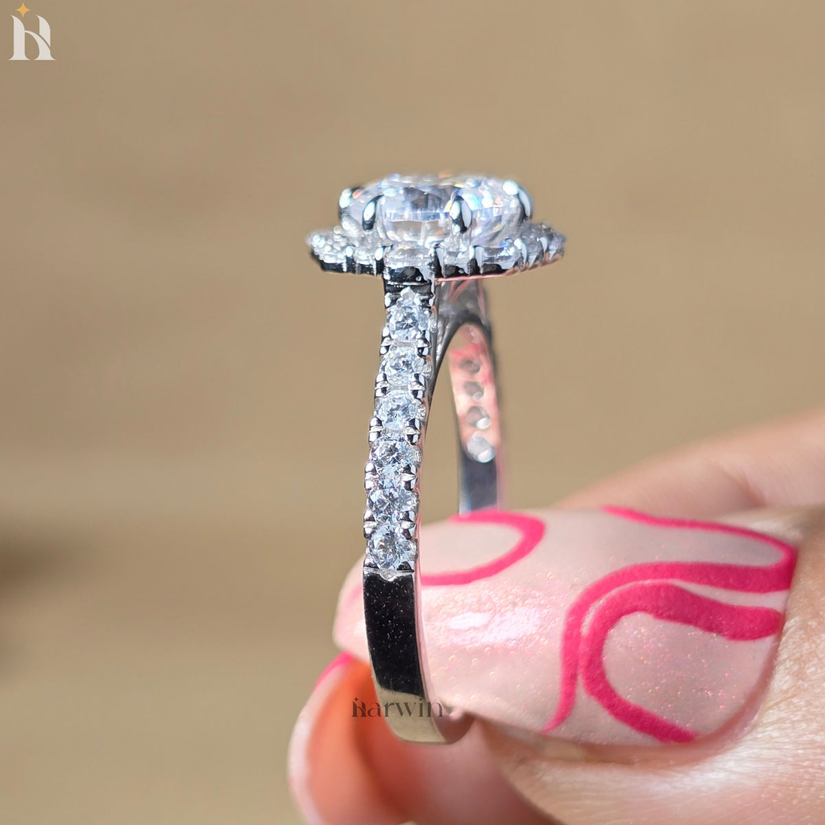 2CT Round Moissanite Engagement Ring, Halo And Pave Band, Flower Statement Ring