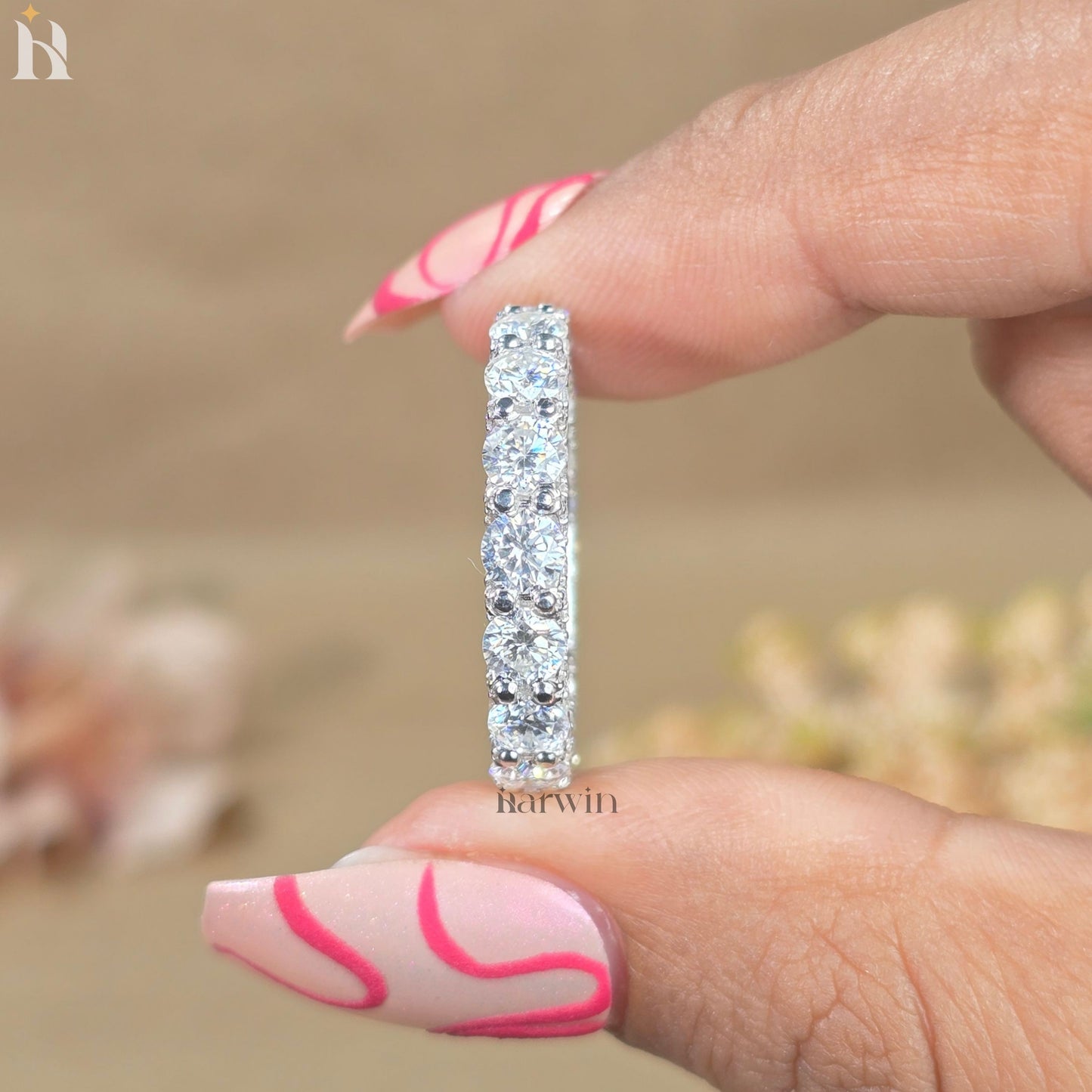14k White Gold Moissanite Eternity Band | 4mm Wide Wedding Ring