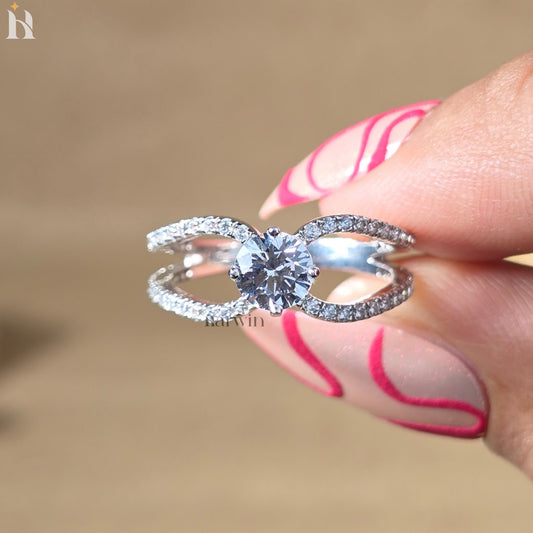 Round Cut Moissanite, Pave Double Band Promise Ring, Minimalist Diamond Ring