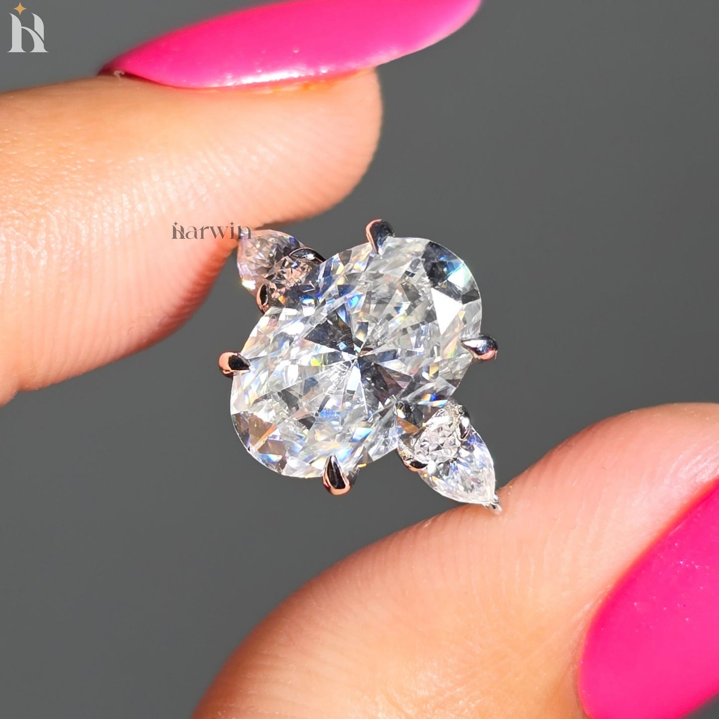 3.50CT Oval Moissanite Three Stone Ring Pear Side Stones Engagement Ring