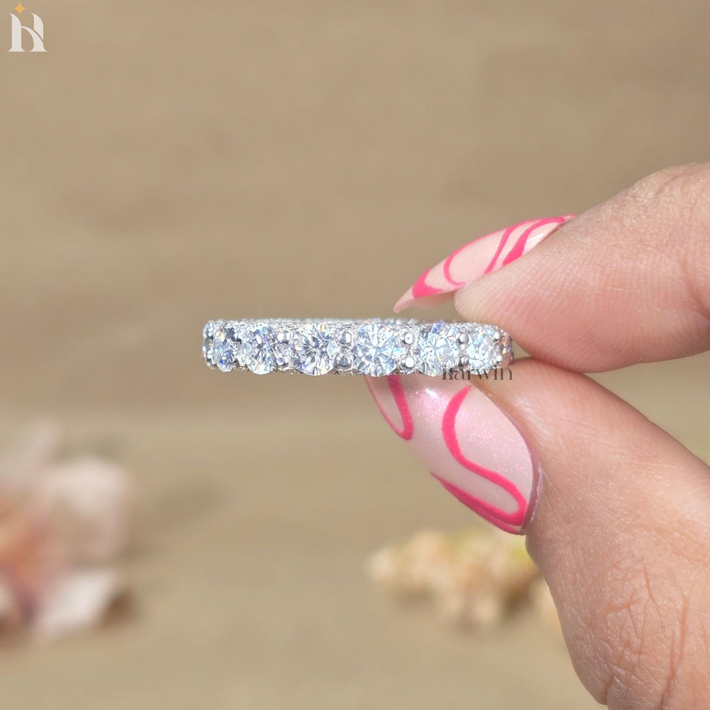 14k White Gold Moissanite Eternity Band | 4mm Wide Wedding Ring