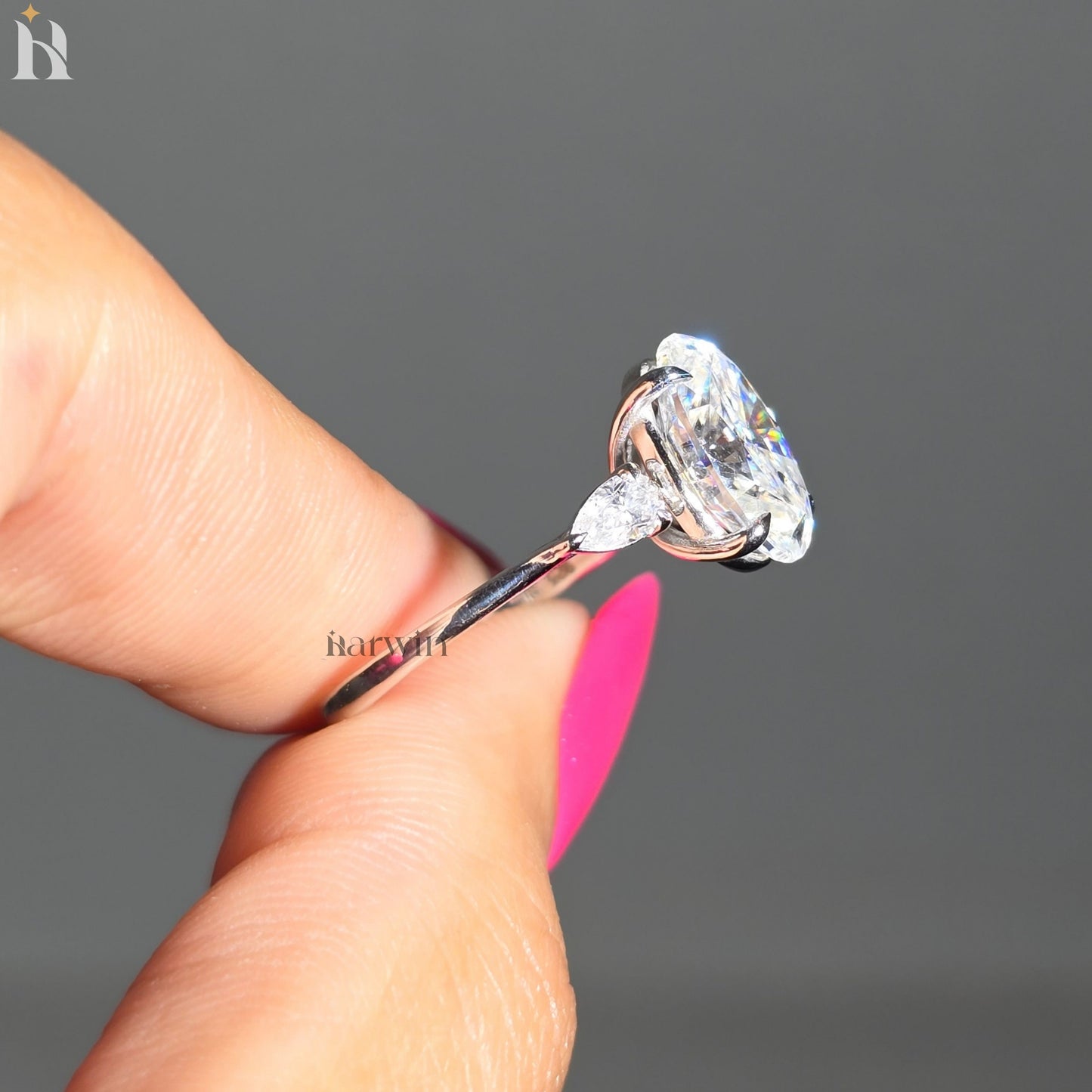 3.50CT Oval Moissanite Three Stone Ring Pear Side Stones Engagement Ring