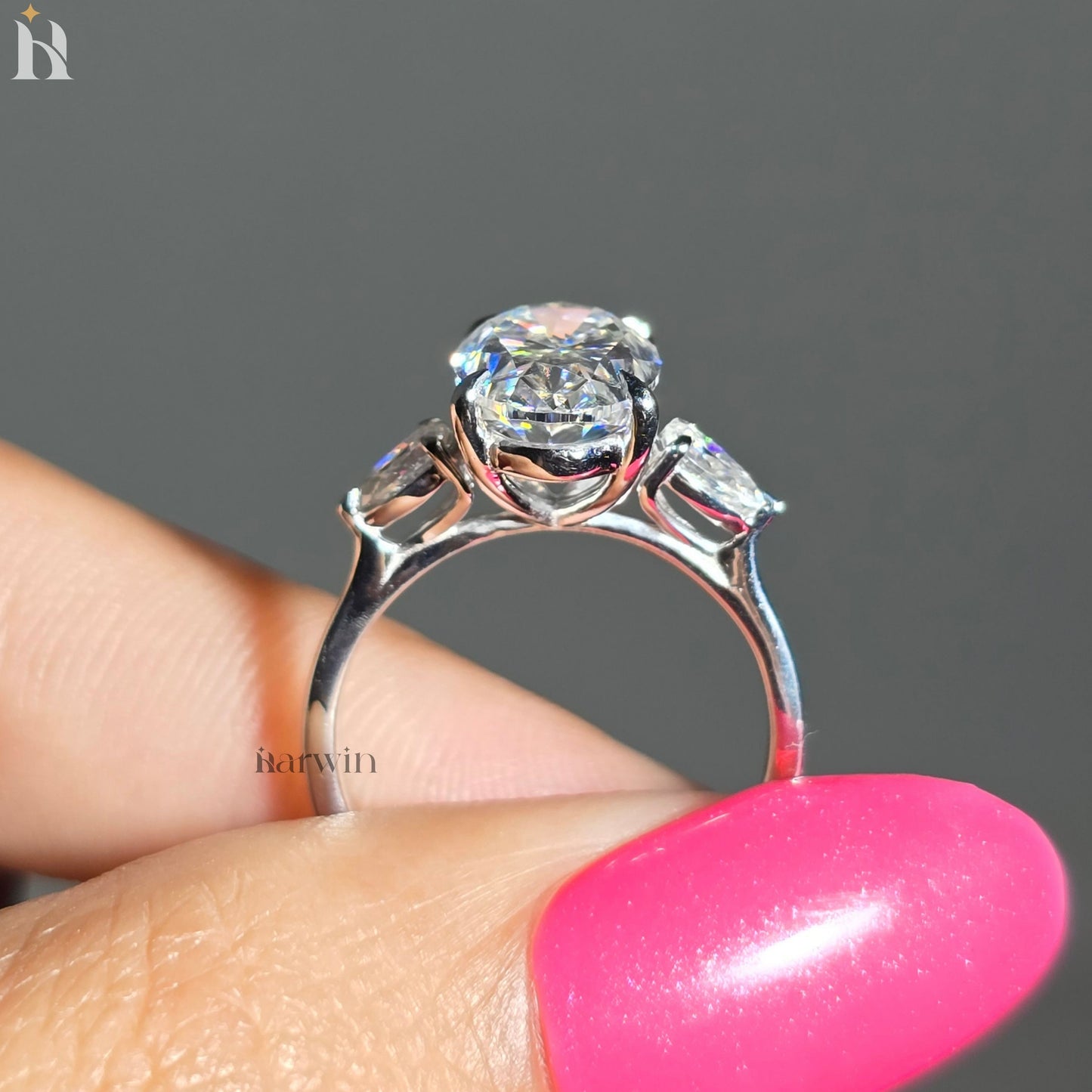 3.50CT Oval Moissanite Three Stone Ring Pear Side Stones Engagement Ring
