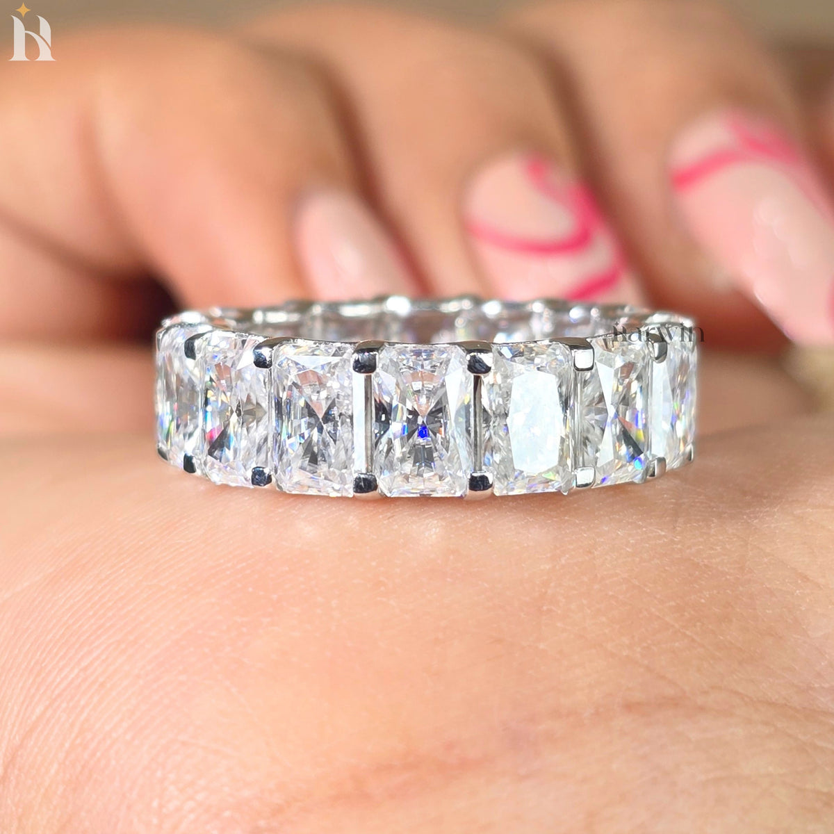 Radiant Cut Moissanite Full Eternity Wedding Band, Solid Silver Stackable Bridal Ring