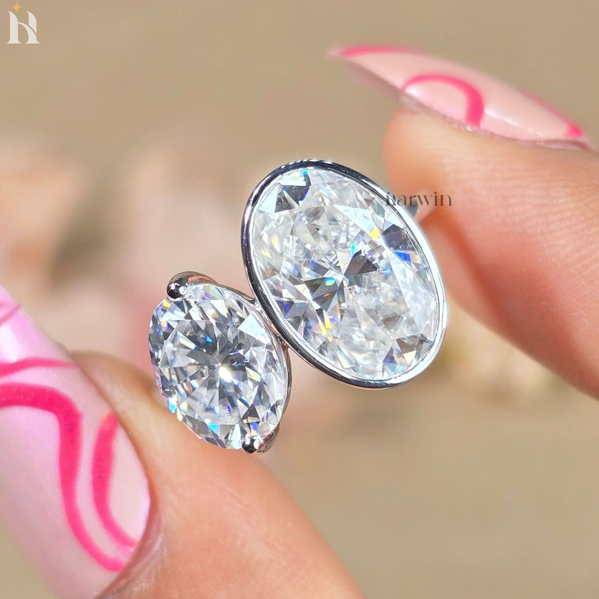 Toi Moi Oval Moissanite Engagement Ring Two Stone Ring Unique Bridal Ring Double Oval Wedding Ring Solid Gold Promise Ring Gift for Her