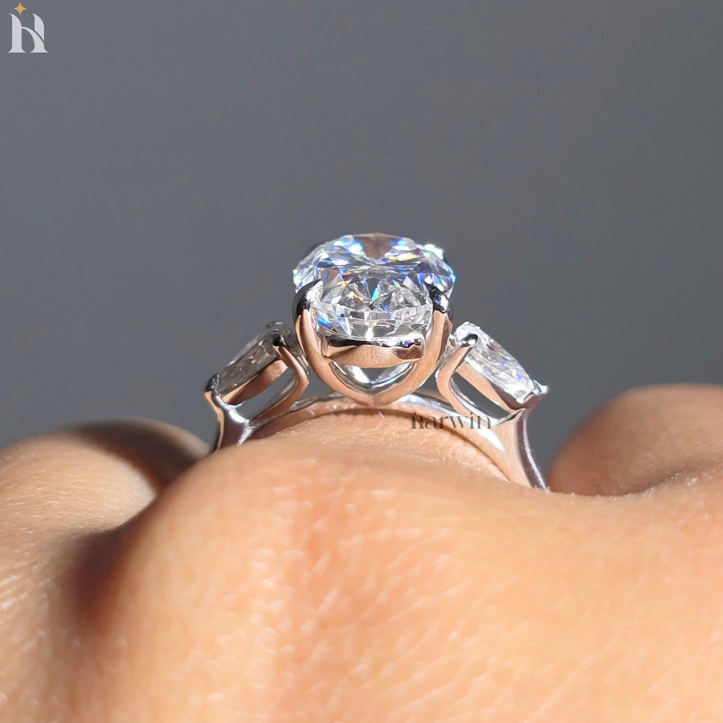 3.50CT Oval Moissanite Three Stone Ring Pear Side Stones Engagement Ring