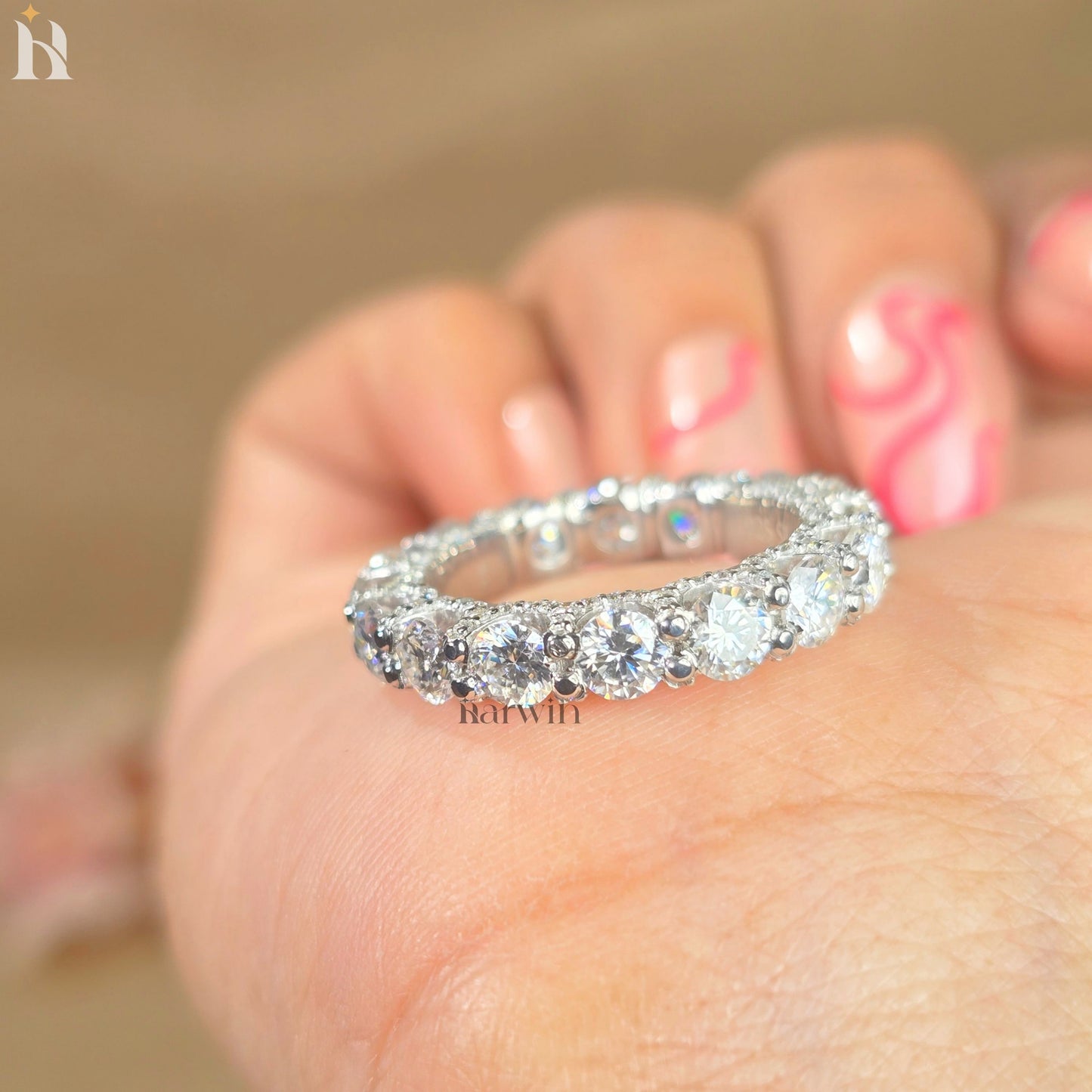 14k White Gold Moissanite Eternity Band | 4mm Wide Wedding Ring